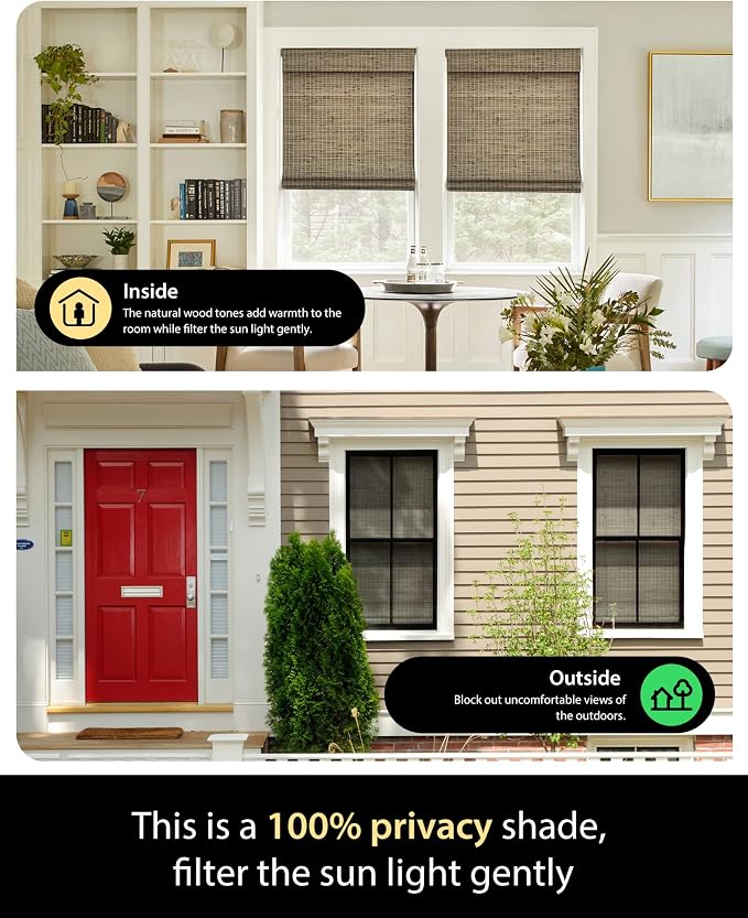 UNISHADES Cordless Bamboo Roman Shades, 25.5×64 in, BDP-Driftwood | Wide Bamboo Strip Weaving Technique, High light-blocking capacity, High Level of Privacy Protection