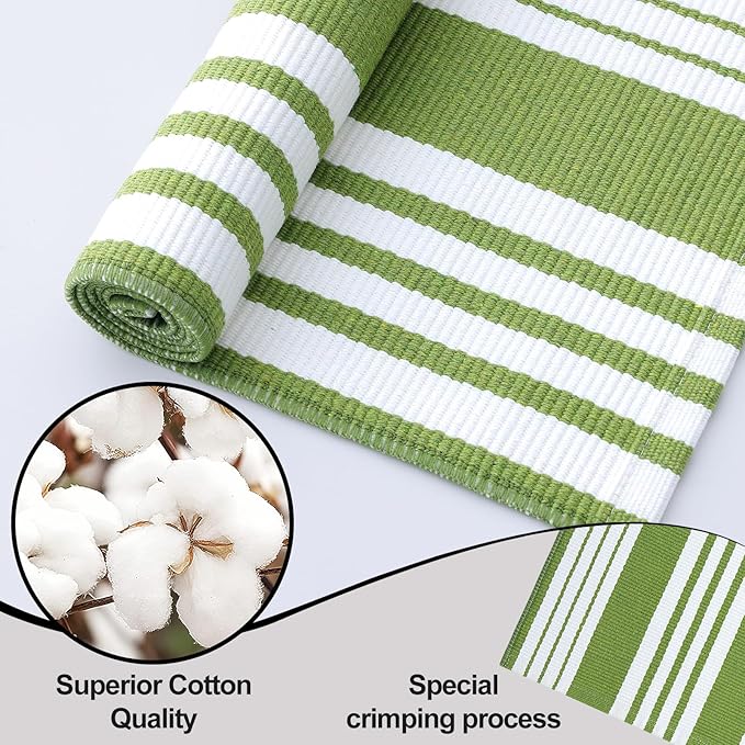 OLANLY Green and White Classic Striped Rug 2' x 3' (24" x 36") – Washable Cotton Indoor Outdoor Doormat for Front Door, Entryway, Kitchen, Porch, Patio Decor