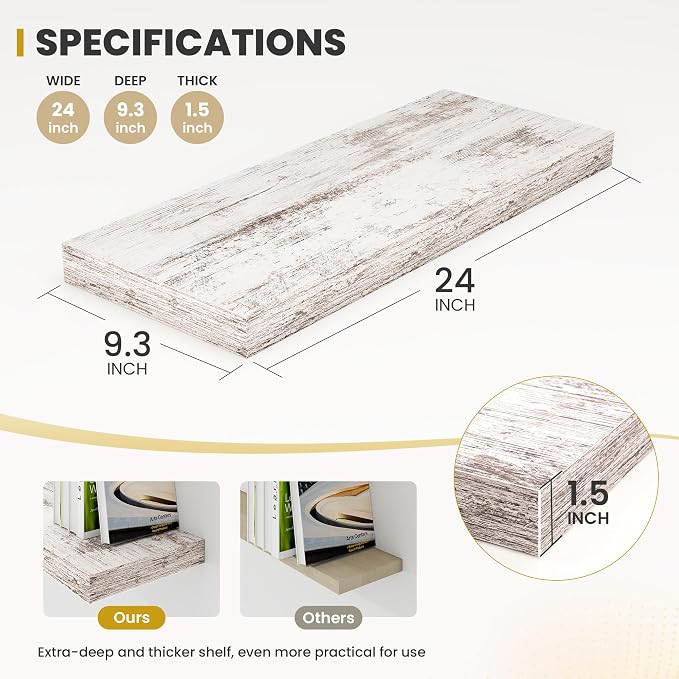 Acovy 24 Inch Floating Shelves, 9.3" Deep Floating Shelf Wall Mounted, 24" Wall Shelves, Rustic Deep Bookshelf, Large Display Shelves & Storage Shelves for Bedroom, Living Room, Rustic, Set of 2