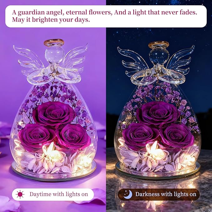 Gifts for Women Mom Preserved Rose Forever Flower Eternal Roses in Glass Angel Figurines Fresh Flowers for Delivery Prime Mothers Day Birthday Gift for Her Wife Grandma on Valentines Day Anniversary