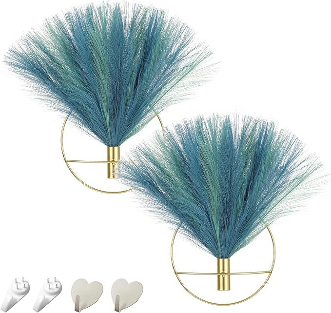 Pretty Jolly Boho Wall Art, Hanging Artificial Pampas Display, 2 Pack - Wall-Mounted Metal Wall Art for Living Room, Bedroom, Bathroom, Dining Room - Bright Blue, Green, Gold