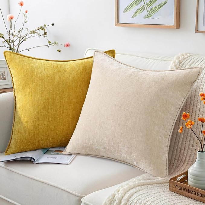 decorUhome Summer Couch Throw Pillow Covers 20x20 Set of 2, Decorative Soft Velvet Modern Cozy Chenille Pillow Cases with Elegant Design for Sofa Bed Living Room Home Decor, Mineral Yellow