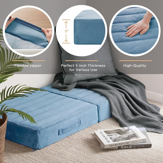 Codi Floor Cushions for Adults, Large Meditation Pillows with Thick Foam and Soft Tufted Covers, Washable Square Seating for Couch and Yoga Sitting, 22×22×5 Inch Blue