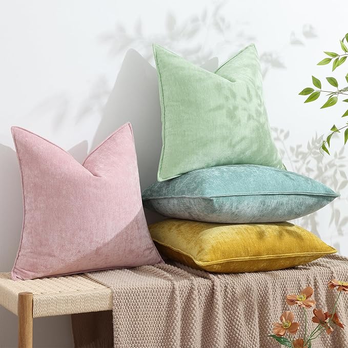 decorUhome Summer Couch Euro Sham Throw Pillow Covers 24x24 Set of 2, Decorative Soft Velvet Modern Cozy Chenille Pillow Cases with Elegant Design for Sofa Bed Living Room Home Decor, Aqua Haze