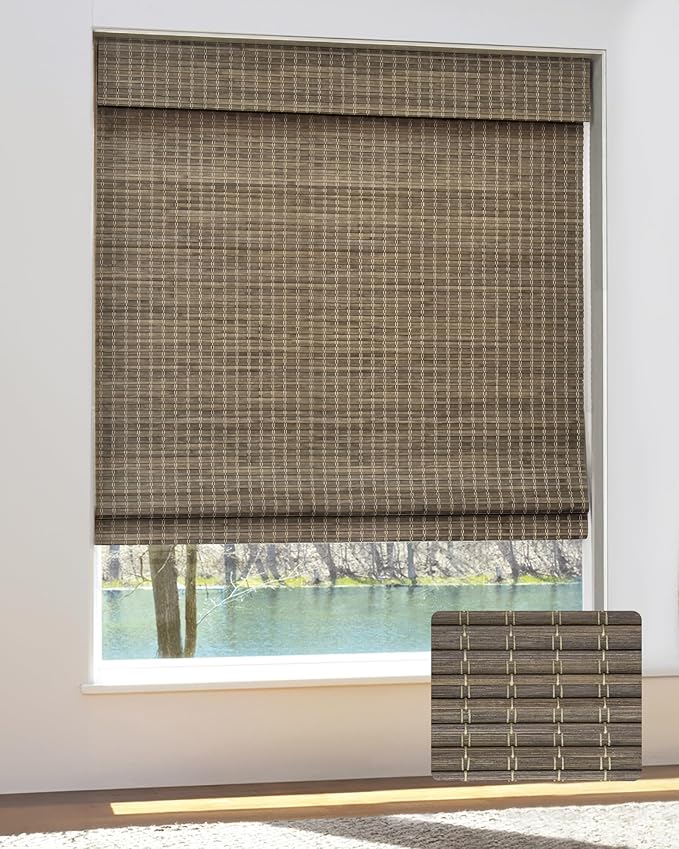 UNISHADES Cordless Bamboo Roman Shades, 30.5×64 in, BDP-Driftwood | Wide Bamboo Strip Weaving Technique, High light-blocking capacity, High Level of Privacy Protection
