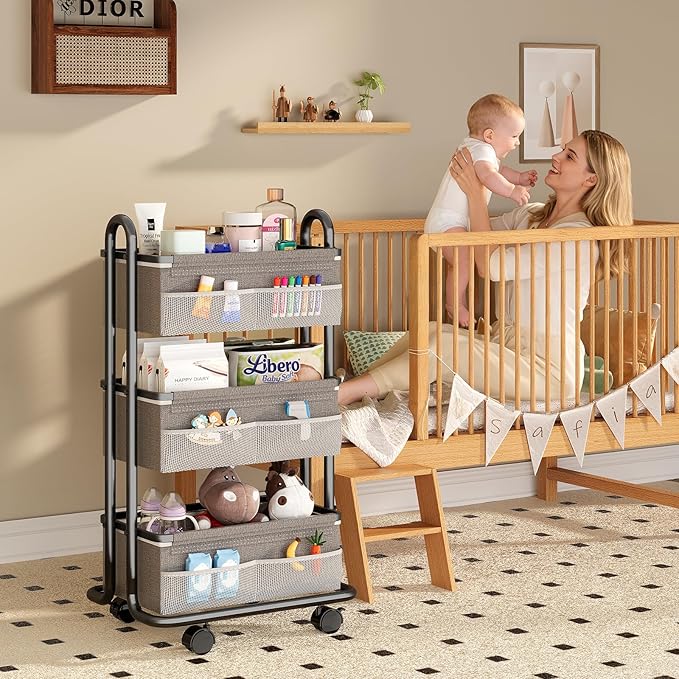 3-Tier Baby Diaper Caddy Organizer Cart, Mobile Nursery Storage Carts with Wheels, 3 Dividers & 6 Mesh Pockets Durable Metal Utility Cart for Nursery, Bedroom, Bathroom, Baby Essentials Organization
