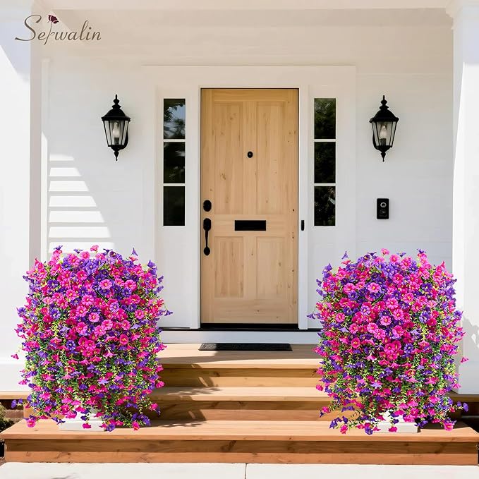 Serwalin Artificial Hanging Flowers for Outdoors Decoration, 8PCS UV Realistic Resistant Fake Silk Artificial Plants Outdoor for Porch Patio Balcony Indoor Planter Yard Decor (Purple&Rose Pink,8PCS)