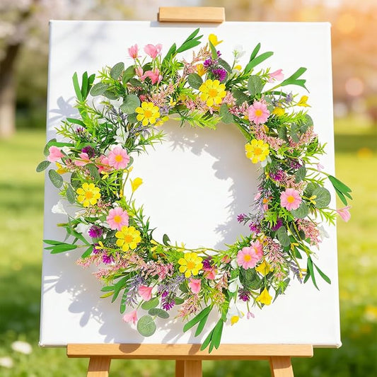 20 Inch Artificial Spring Wreath Handmade Wildflower Daisy Lavender Wreath Colorful Spring Wreath for Front Door Home Wall Porch Farmhouse