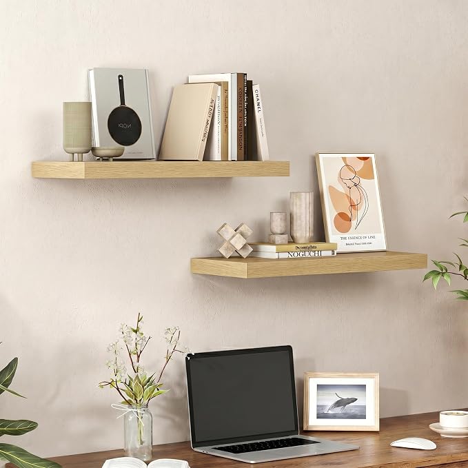 Heimlove 24 inch Floating Shelves for Wall,9.3 inch deep Bathroom Over Toilet Shelf,Wall Mounted Rustic Wood Shelves for,Bedroom,Living Room,Kitchen,Office Decor Set of 2-Oak Color