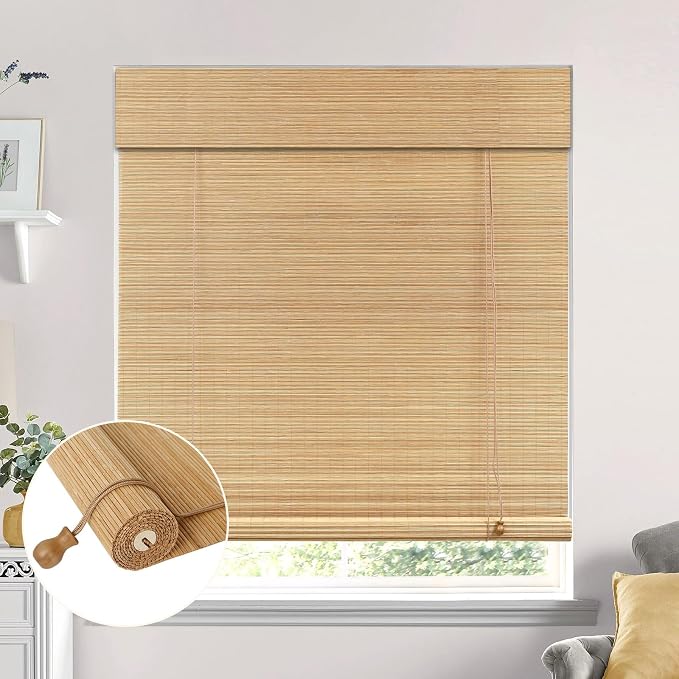 No Drill Bamboo Blinds for Interior Windows, Bamboo Shades for Indoor Windows, Roller Shades for Indoor Window and Outdoor Patio, Easy to Install for Home & Porches