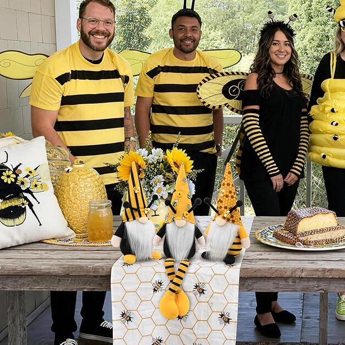 Bumble Bee Gnomes Spring Decor, 3Pcs Rustic Farmhouse Decor Indoor for Home Office Party Spring Gnomes Table Decorations, Summer Honey Bee Themed Gifts