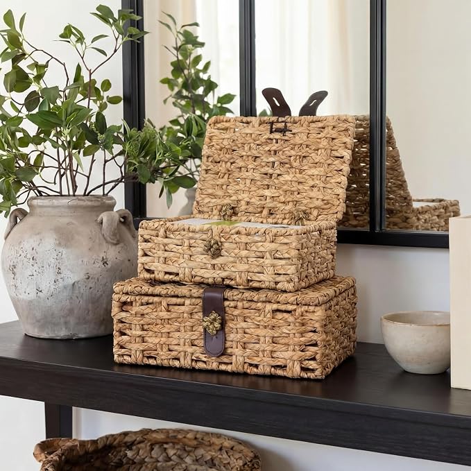 Novabright 2 Pcs Seagrass Storage Basket Box with Lid Decorative Box Storage Basket with Lid Rectangular Woven Shelf Baskets Bins for Table Home Decor Organize, 14.7 x 11 x 5 & 11 x 8 x 4 Inch