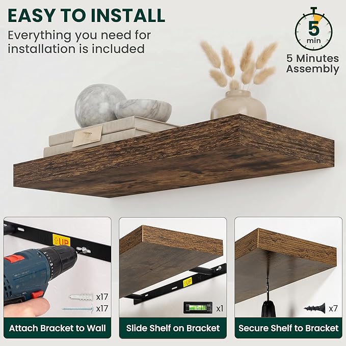 Floating Shelves for Wall 36 in x 9.3 in Deep, Wall Mounted Rustic Wood Shelf with Invisible Brackets for Storage & Display, Living Room Bedroom Bathroom, Brown, 2 Pack