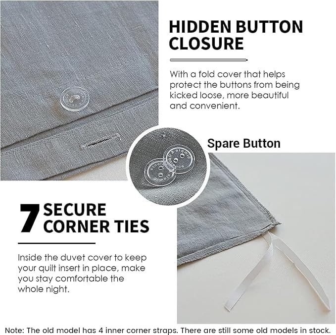 Simple&Opulence 100% Linen Duvet Cover Set 3pcs Basic Style Natural French Washed Flax Solid Color Soft Breathable Farmhouse Bedding with Button Closure - Ultimate Grey, Full