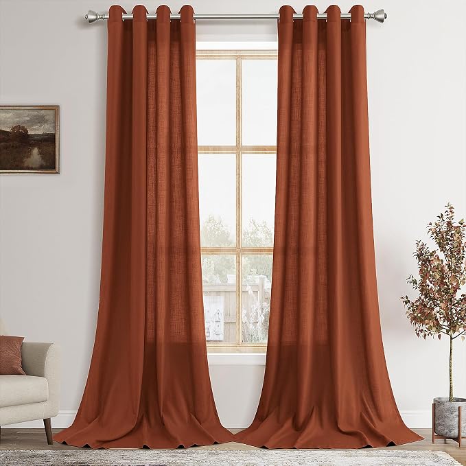 Terracotta Linen Curtains 120 inches Long for Living Room 2 Panels Set Grommet Textured Light Filtering Boho Curtain Modern Minimalist Long Floor to Ceiling Large Window Drapes 10ft Tall 52X120