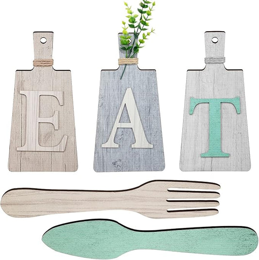 Jetec Cutting Board Eat Sign Set Hanging Art Kitchen Eat Sign Farmhouse Fork and Spoon Wall Decor Rustic Primitive Country Kitchen Decor for Home over Cabinet Decoration(Beige, Dark Gray, Gray White)