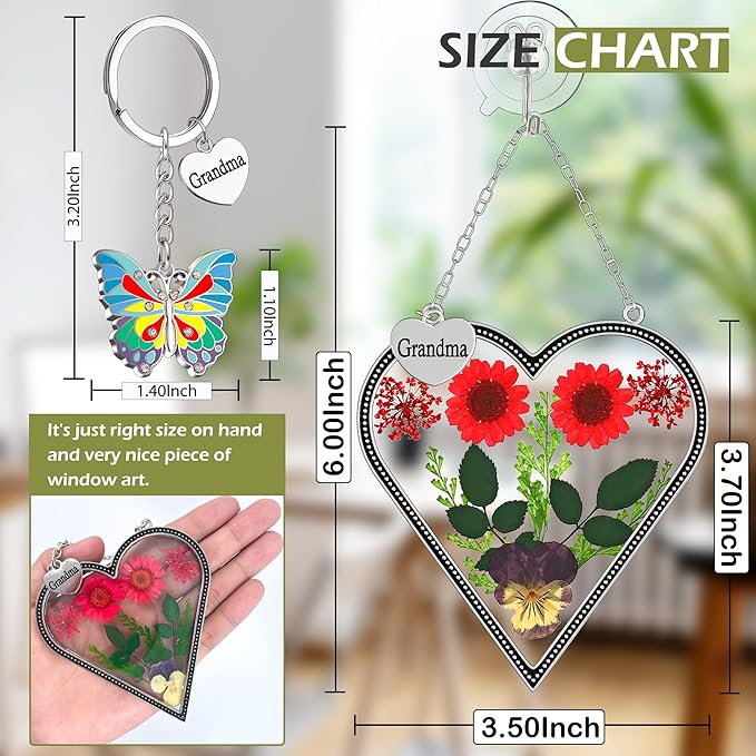 KY&BOSAM Heart Suncatcher for Windows Hangings Grandma Gift Stained Glass Butterfly Suncatcher Pressed Flower Between Heart in Glass Metal Engraved Charm Gift for Women Mother's Day Birthday Christmas