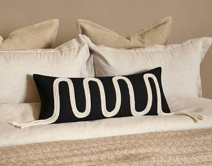 Black Decorative Lumbar Pillow Cover 12x28, Handwoven Boho Long Body Pillowcase, Farmhouse Linen Cotton Pillow Cushion Case for Sofa, Bed, Living Room, Bedroom