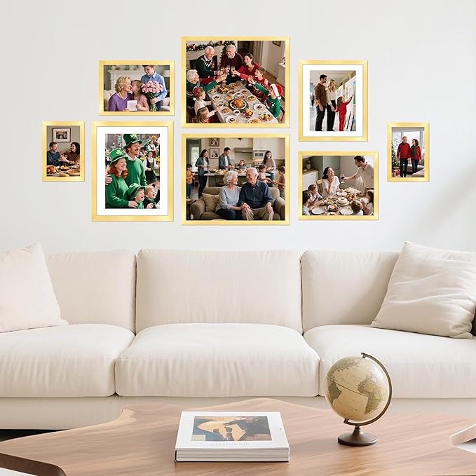 11x14 Picture Frame Set of 8, Gold Wall Gallery Hanging Photo Frames, Display Pictures 8x10 with Mat or 11x14 Without Mat, Poster Frames with Plexiglass for Home Office Wall Decor