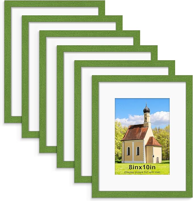 PEALSN 8x10 Picture Frame Set of 6, Display Pictures 5x7 with Mat or 8x10 without Mat for Wall Mounting or Table Top Display, Photo Frames Collage for Wall Decor, Green