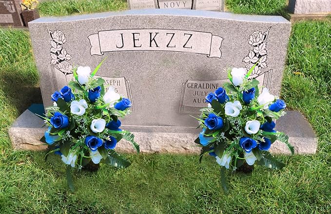 LVXINLI 2 Sets Artificial Cemetery Flowers,Outdoor Grave Decorations Roses,Beautiful Arrangements Bouquet with Cemetery Vase,Lasting and Non-Bleed Colors (White+Dark Blue)