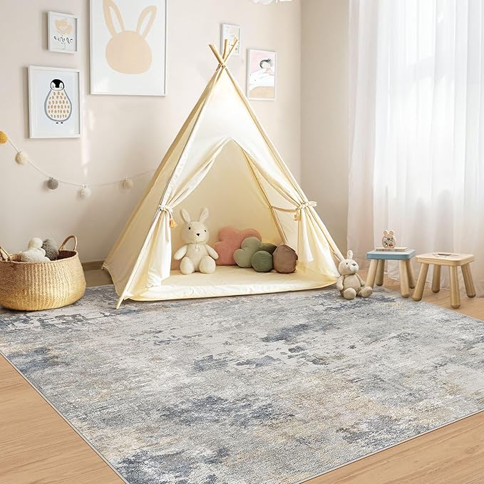 UERMEI Square Area Rugs : Washable 6x6 Neutral Modern Abstract Carpet for Living Room Bedroom - Soft Floor Mat with Non Slip Backing for Kitchen Nursery Dorms Farmhouse Home Decor - Blue Grey