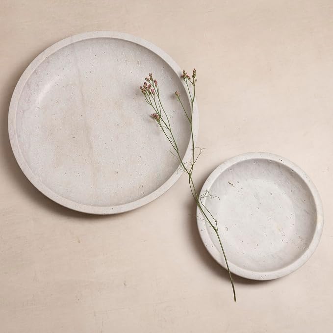 Shelf & Nook Travertine Decorative Bowls for Home Decor. Key Bowl for Entryway Table in a Choice of 5 Colors (White/Gray, Large)