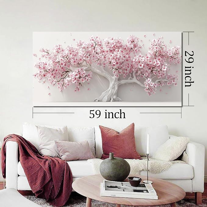 AOZEMI White Wall Art for Living Room Bedroom Home Office Pink Wall Decor Large Tree Pictures Art Flower Artwork Modern Floral Canvas 29"x 59"