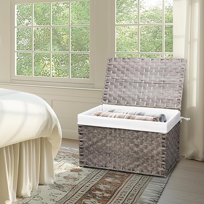 Wicker Storage Basket with Lid, 42.3 Gallon (160L) Large Blanket Basket with Lid, Woven Storage Bin with Handles, Removable Liner, Metal Frame, Foldable, for Bedroom, Laundry Room, Grey