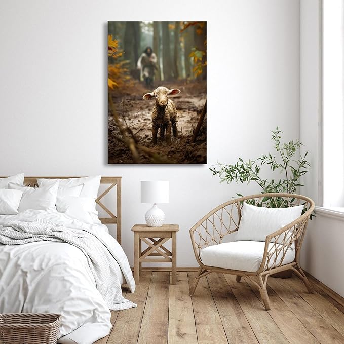 Large wall art for living room Jesus Running After Lost Lamb Picture for home decor Jesus wall decor for prayer room Baptism gifts for boys-girl serenity prayer Religious canvas wall prints .(24"X36") A-397