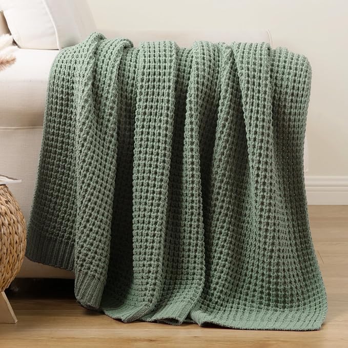 Bunnikins & Clover Knitted Waffle Throw Blanket 50x60 Inches, Sage Green Throw Blanket for Couch, Soft Cozy Chenille Knit Blanket Warm Decorative Throw for Sofa