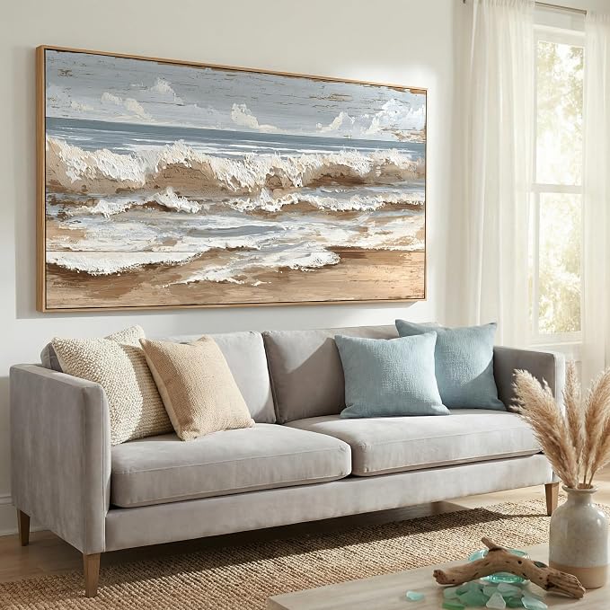 The Mode Art Ocean Wave Canvas Print Framed Beach Landscape Wall Decor Neutral Blue & Beige Artwork for Living Room Bedroom Sofa Fireplace 30x58inch