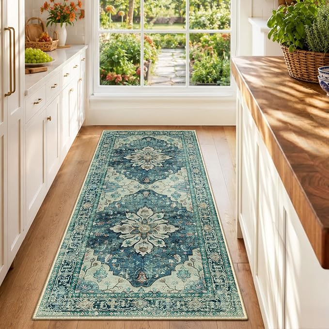 RELEANY Area Rugs Runner 2'x6' Washable Non-Slip, Floral Vintage Distress Medallion Carpet for Kitchen Hallway Bedroom Beside Laundry Room Bathroom, Dark Blue Vintage