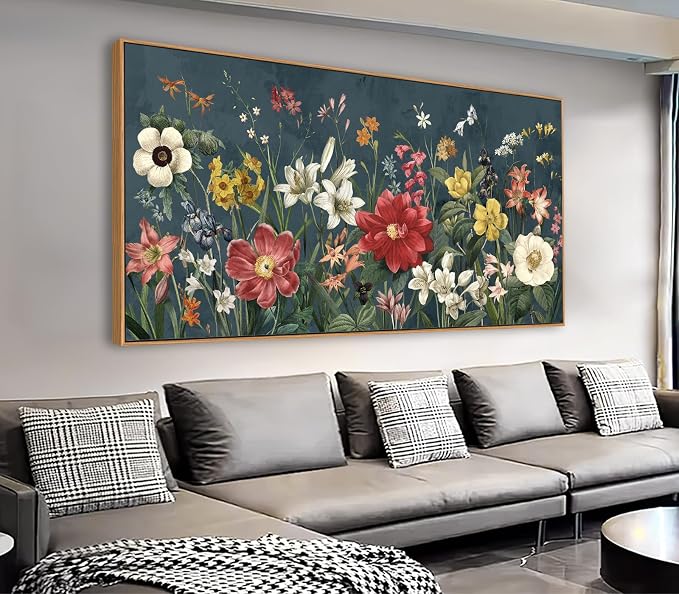yearainn Botanical Framed Wall Art - Colorful Flowers Bouquet Canvas Pictures Wall Decor Wildflowers Painting Artwork Blooming Floral Prints Living Room Office Home Decor Natural Wood Frame 48" x 24"