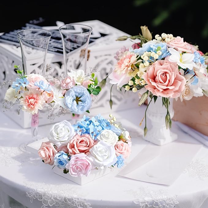 Artificial Flowers Combo Box, 39PCS Fake Flowers, Silk Flower Mix with Wire Stem, DIY Wedding Bridal Bouquet for Arrangement, Shower Party Home Décor, Soft Pastel Mix