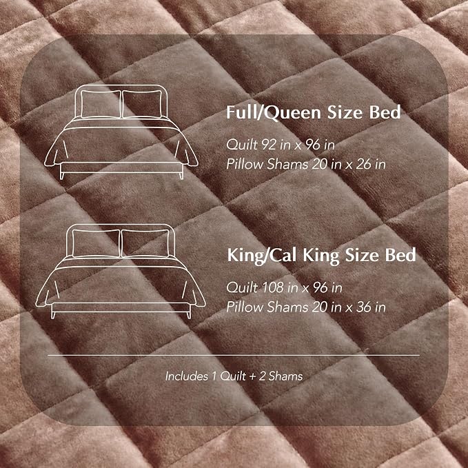 RECYCO Luxury Velvet Quilt King Size Bedding Set, Ultra Soft Velvet Comforter Set, Lightweight Quilted Channel Box Stitch Oversized Bedspread Coverlet for All Season, with 2 Shams, Terracotta Clay