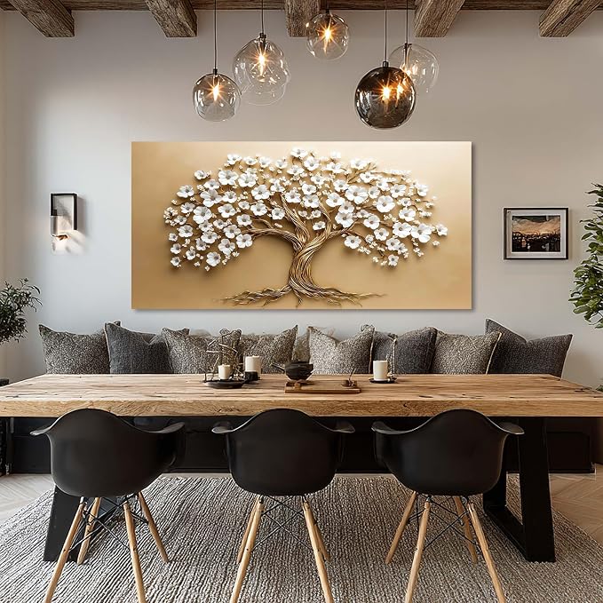 Ggaafet White FLower Tree Wall Art for Living Room Canvas Oil Painting Prints Beautiful Floral Blooming Art Deco Modern Artwork Office Bedroom Family Dining Room Decor Extra Large