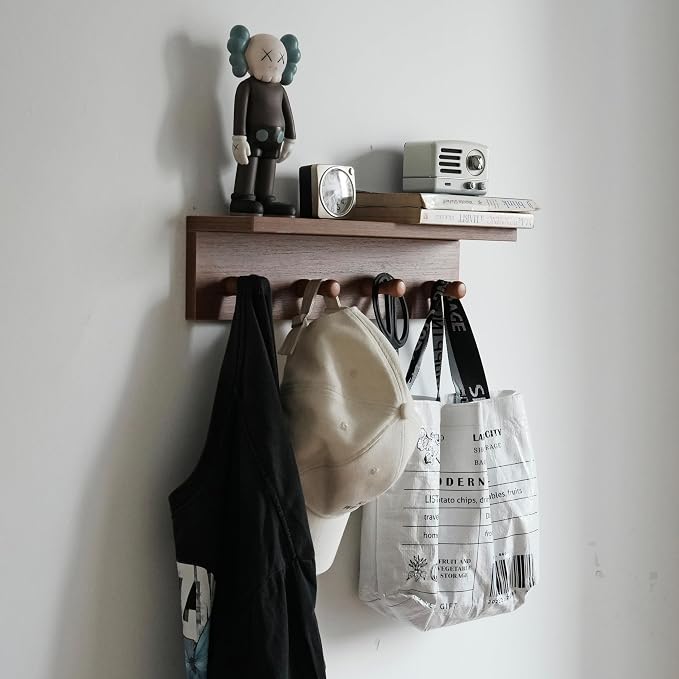 Wall Mounted Coat Rack with Shelf, Wooden Entryway Hooks, Teak Finish | Adjustable rail with movable wood hooks