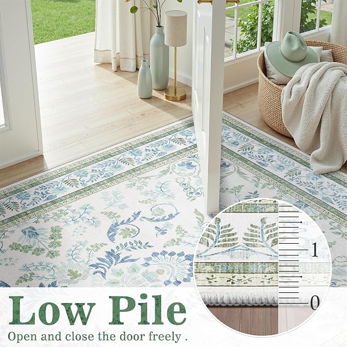 DCX Area Rug 5x5 Botanical Floral Washable Rugs in Green and Blue Soft Non Slip Low Pile Stain Resistant Round Carpet for High-Traffic Areas Bedroom Kitchen