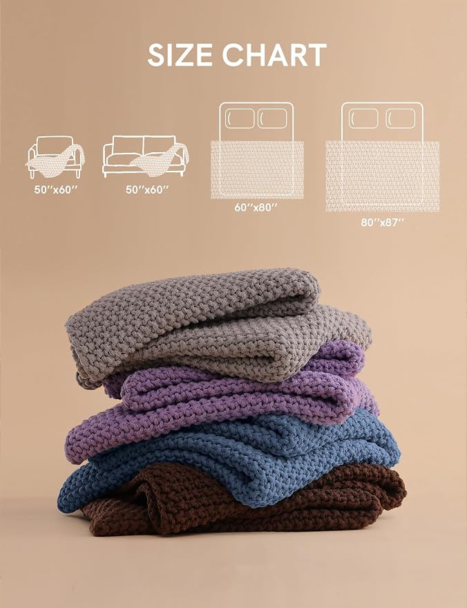 YnM Chunky Cotton Knit Throw Blanket, Cable Knit Throws for Bed Couch Sofa, Comfy & Relaxing, Decorative Piece for Farmhouse Modern Boho Rustic Scandinavian Chic Vibe, Denim Blue 60x80 Inches