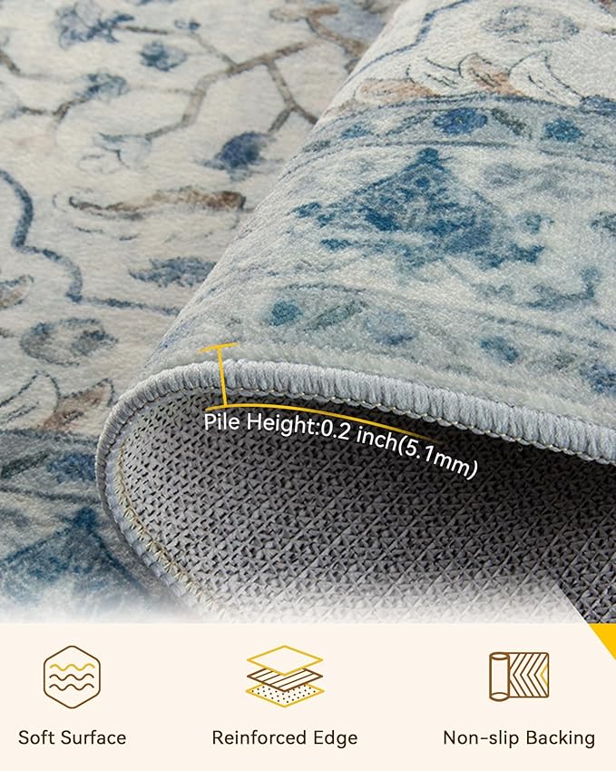 RELEANY Area Rugs 2'x10' Washable Non-Slip, Floral Vintage Distress Print Pattern Medallion Carpet for Living Room Bedroom Dining Room, Light Blue Navy Beige Gray White