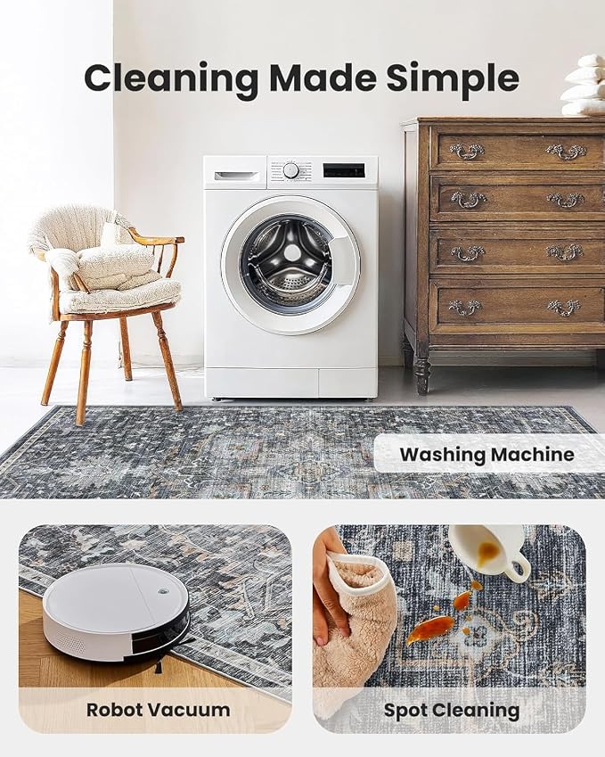 AMADA HOMEFURNISHING 6x9 Area Rugs, Blue Low-Profile Washable Rug with Non-Slip Backing & Durable Edge Binding, Vintage Rugs for Living Room, Bedroom, Dinning Room