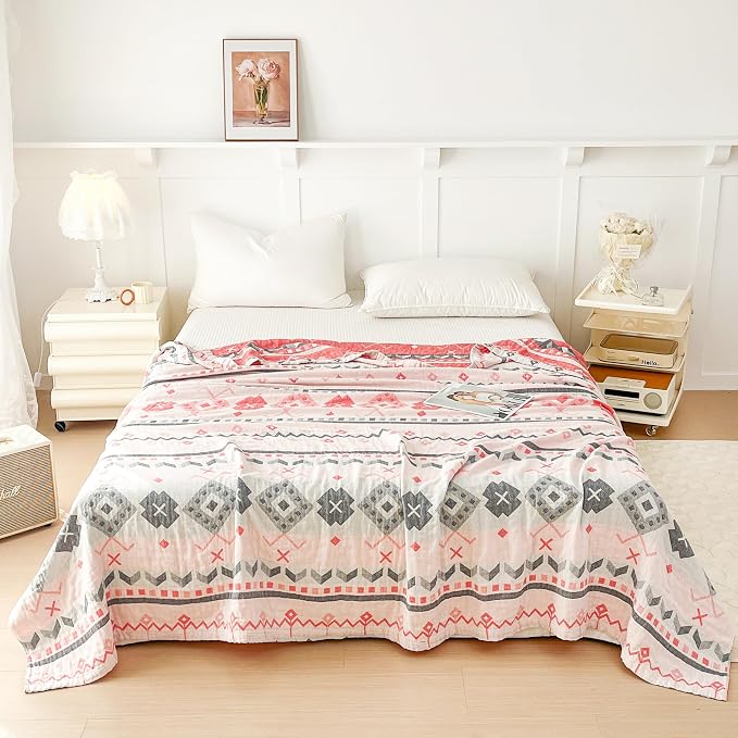 MEJU Boho Indian Pink Gray Stripes Checks Muslin All Season Reversible Blanket for Bed Sofa Couch 100% Combed Cotton Soft Warm Bedspread Throw Blanket Bed Coverlet Full Queen 80 in x 90 in
