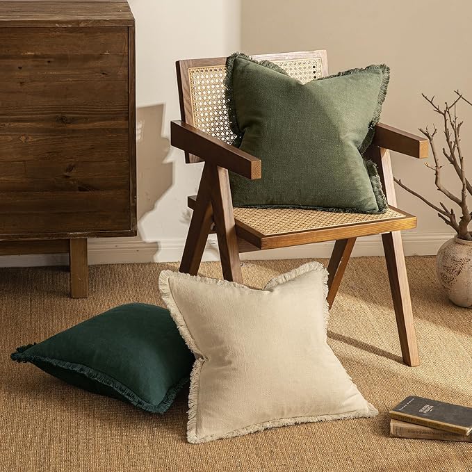 MIULEE Decorative Throw Pillow Covers Neutral Linen Fringe Throw Pillows Euro Shams Set of 2 Olive Green Boho Farmhouse Cushion Covers for Couch Sofa Bed Living Room Spring Home Decor 22x22 Inch