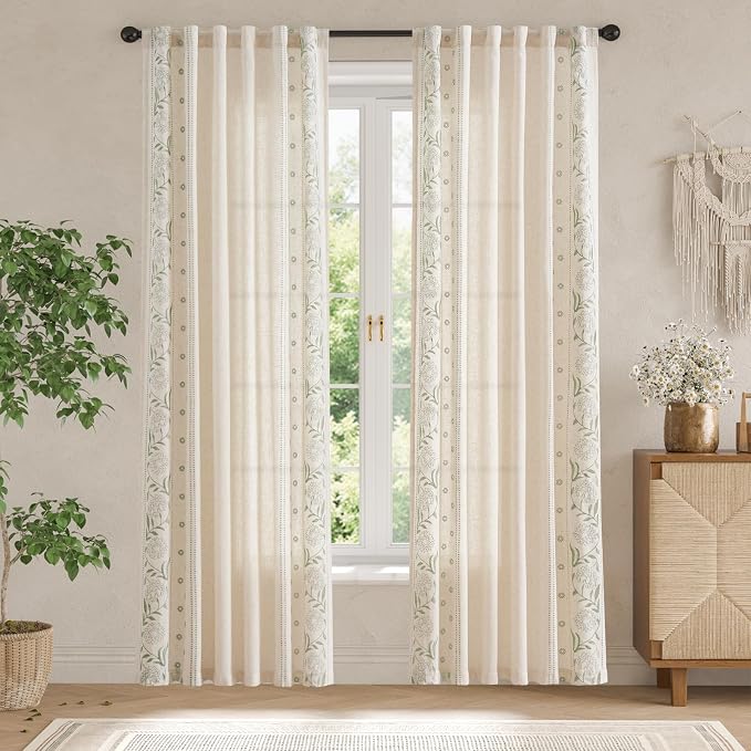 jinchan Winslow Linen Curtains for Bedroom 90 Inches Length Embroidered Bordered Floral Curtains for Living Room Farmhouse Decor Light Filtering Window Treatments Sage on Beige Drapes 2 Panels