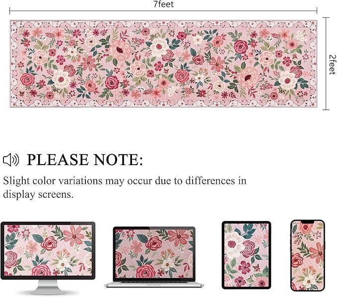 DUKINO Runner Rug, 2x7 Boho Kitchen Rug for Hallways with Low Pile Design, Washable Non Slip Backing Soft Floral Runner for Kitchen, Hallway, Entryway, Bedroom, Laundry, Pink