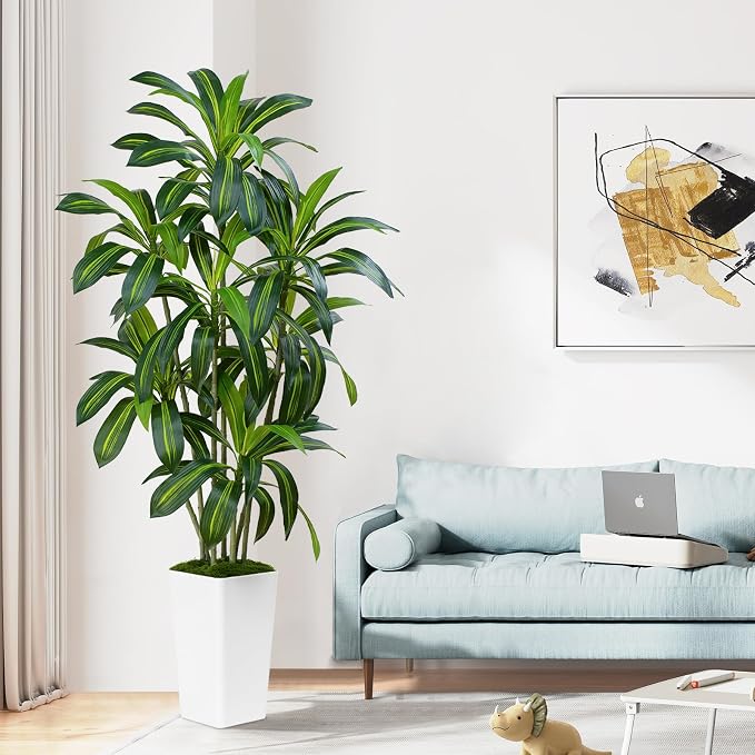 Dracaena Plant Artificial Tree 6Ft Tall Fake Tropical Floor Plants Potted (Real Touch) Artificial Silk Tree Leaf Faux Trees White Tall Planter for Home Office Living Room Indoor Outdoor Decor