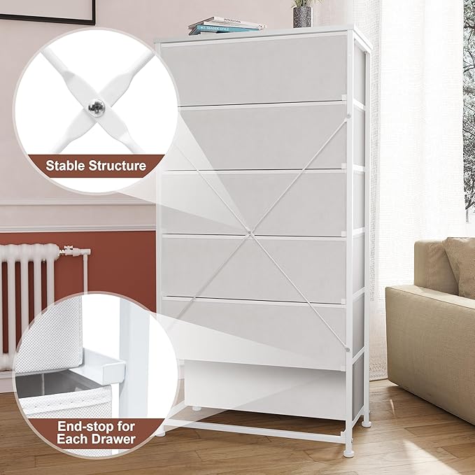 Crestlive Products Dresser for Bedroom with 6 Drawers, Tall Chest of Drawers, White Dressers Bedroom Furniture, Storage Organizer Unit with Bins for Closet, Hallway, Living Room, Entryway