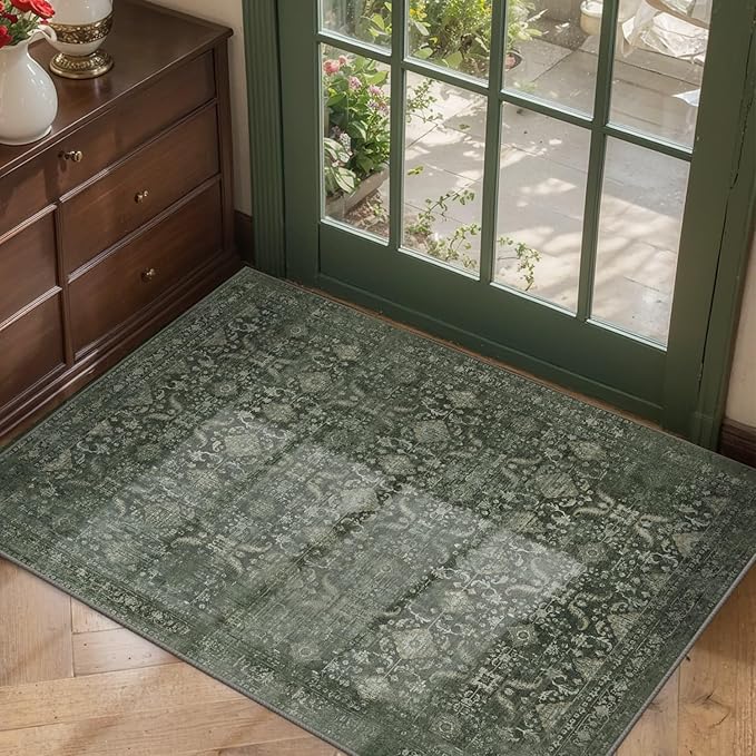 Rugxara Entryway Rug Door Mat, Washable Samll 2x3 Rug, Green Boho Front Door Mat, Non Slip Area Rugs, Low Pile Throw Accent Entry Carpet for Indoor Entrance, Bathroom and Kitchen(Green 2x3ft)