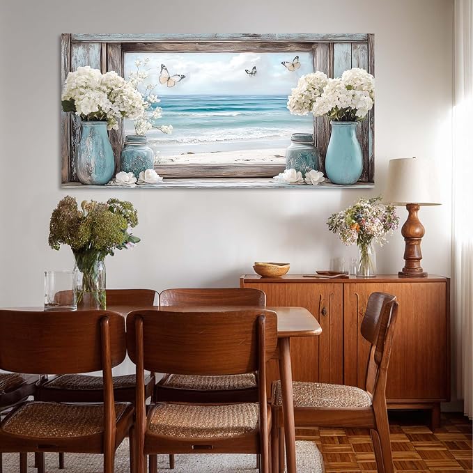 Ggaafet Beach Window Wall Art for Living Room Canvas Painting Prints Romance Flower Floral Art Deco Romantic Artwork Office Bedroom Family Room Decor Large